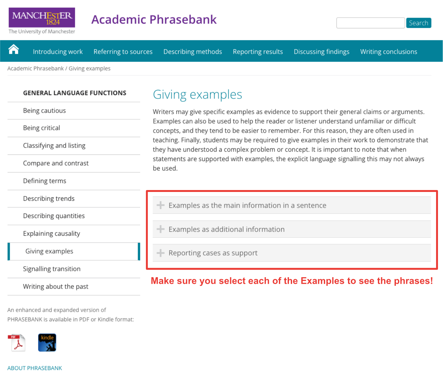 Screenshot of the Academic Phrasebank webpage from the University of Manchester, focused on 'Giving examples' section. The left sidebar lists general language functions such as being cautious, being critical, and classifying and listing. The main content explains the importance of giving examples and includes expandable sections labeled 'Examples as the main information in a sentence,' 'Examples as additional information,' and 'Reporting cases as support.' A note at the bottom says, 'Make sure you select each of the Examples to see the phrases!